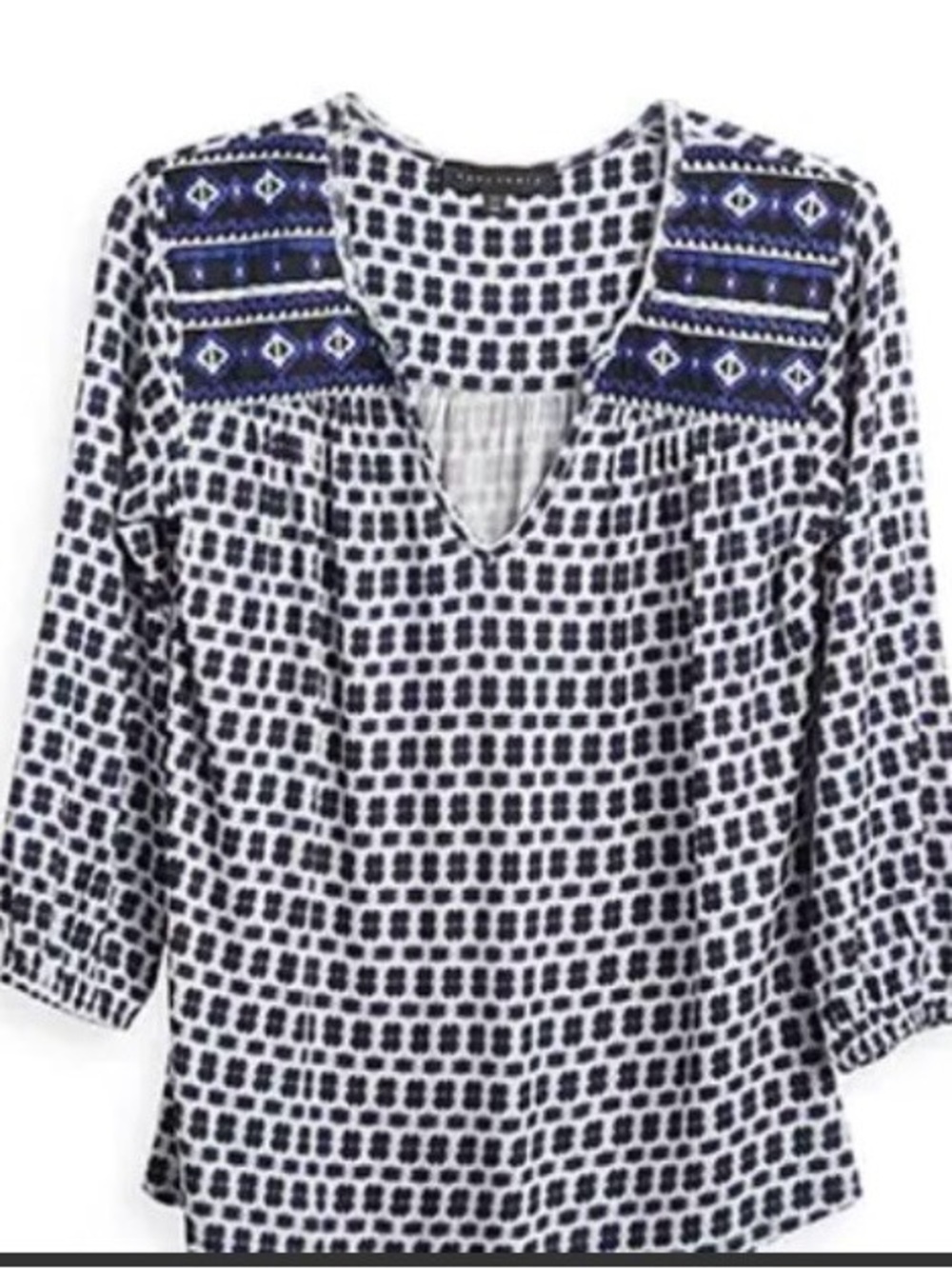Sanctuary Navy and White Geometric Embroidered V-Neck Tunic